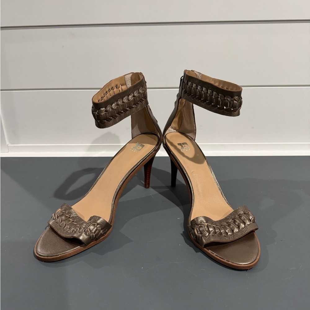 Joe’s Bronze Ankle Strap Heels with zipper